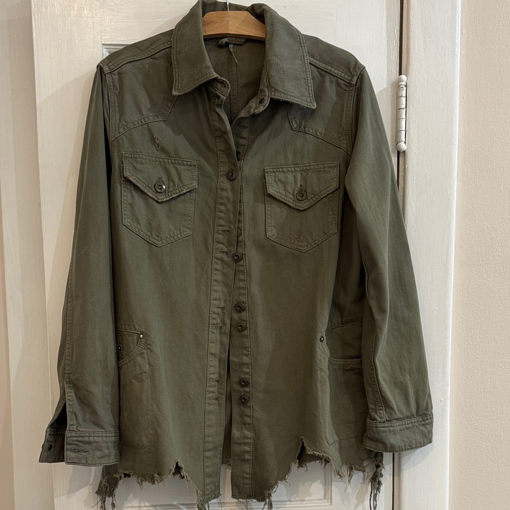 Free People Olive Green Distressed Button-Up Jacket